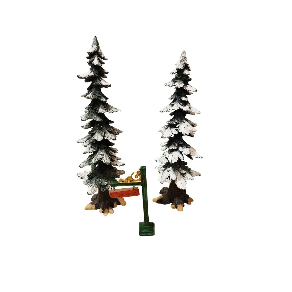 OWELL Christmas Village Trees Figurines‎ Set w/ First Avenue Sign Holiday Rear